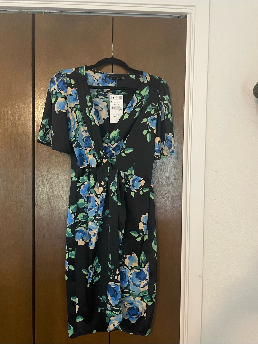 Zara Black Midi Dress with Blue and Green Floral Print